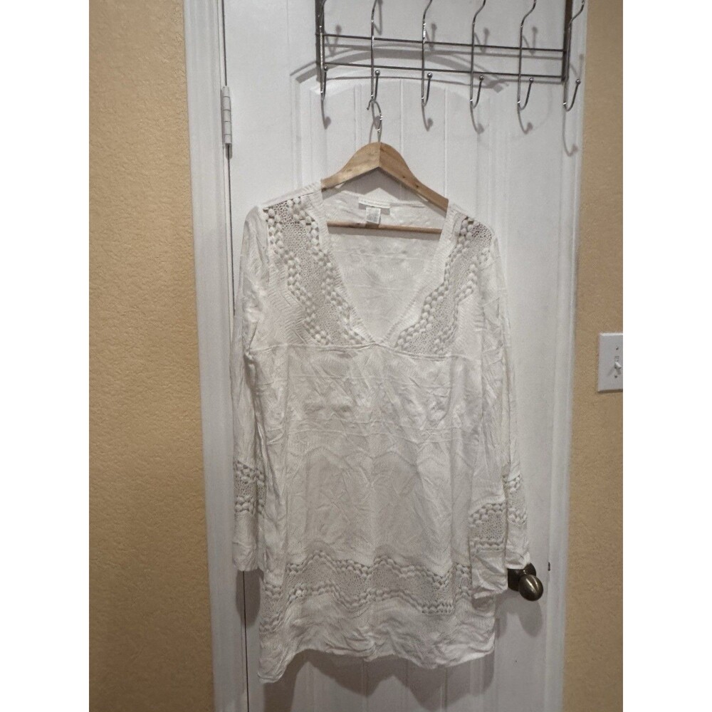 La Blanca White Embroidered Tunic Dress Beach Coverup, Long Sleeve Large - Picture 3 of 13